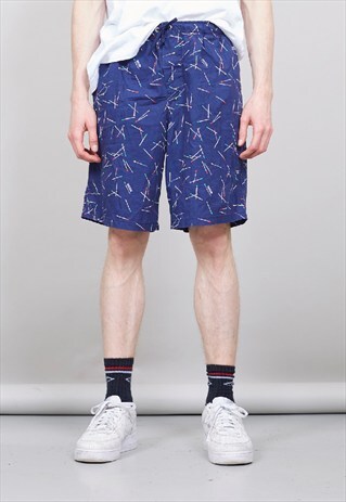 VINTAGE 90'S MOSCHINO BLUE MATCHSTICK PRINT SWIM SHORTS