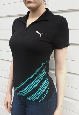 WOMENS VINTAGE 90S Y2K BLACK PUMA POLO SHIRT FESTIVAL TSHIRT