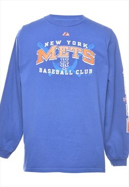 Vintage Blue Majestic New York Mets Baseball Club Printed T-
