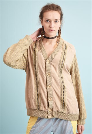 90'S RETRO JAZZY FAUX SUEDE DETAILED DADS KNIT CARDIGAN