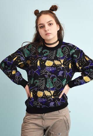 90'S RETRO ABSTRACT PATTERN SLOUCHY KNIT JUMPER