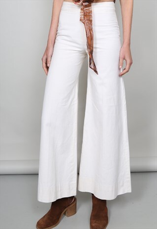 VINTAGE 60'S BIBA HIGH WAISTED CREAM WIDE LEG COTTON TROUSER