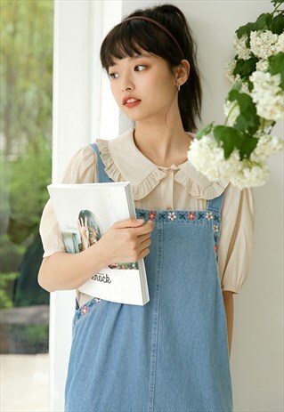 FLORAL EMBROIDERY DENIM MIDI DRESS
