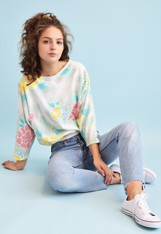 80'S RETRO FLORAL PRINT ATHLEISURE SWEATSHIRT TOP