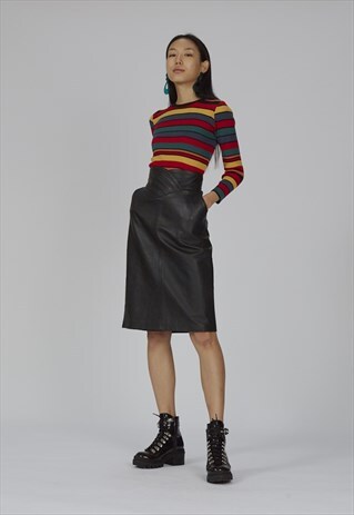 VINTAGE 80'S PREMIUM SUPER HIGH WAISTED MIDI LEATHER SKIRT