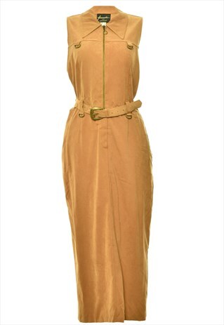 BEYOND RETRO VINTAGE ZIP FRONT BROWN DRESS - L