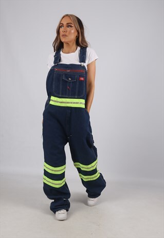 VINTAGE DICKIES DENIM DUNGAREES REFLECTIVE TALL UK 16 (JF6F)