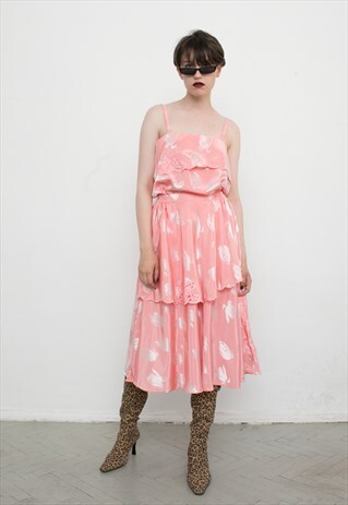 VINTAGE TWO PIECE DRESS PEACH CO-ORD TULIP PATTERN PINK SET