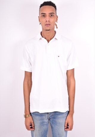 TOMMY HILFIGER MENS VINTAGE POLO SHIRT MEDIUM WHITE 90'S