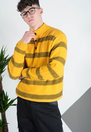 VINTAGE CHAPS BUTTON NECK JUMPER IN YELLOW STRIPES.