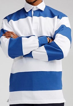 54 Floral Striped Long Sleeve Rugby Shirt - Blue/White