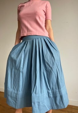 Vintage Cotton Pleated Maxi Blue Cotton Skirt
