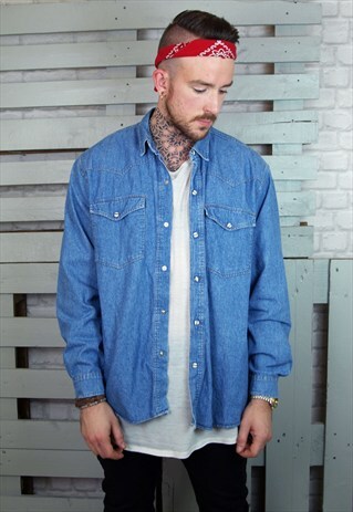 LIGHT BLUE WESTERN STYLE DENIM LONG SLEEVED SHIRT