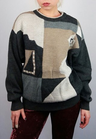 VINTAGE 80S UNISEX KNIT JUMPER/SWEATER GRAPHIC PRINT