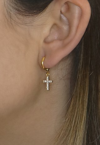 CRUCIFIX 14K GOLD PLATED HUGGIE HOOPS