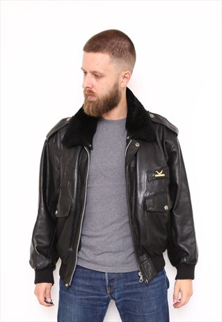 EMBOSSED VINTAGE BLACK LEATHER BOMBER JACKET