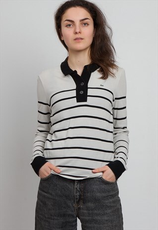 VINTAGE WHITE LACOSTE LONG SLEEVE STRIPED POLO SHIRT TOP