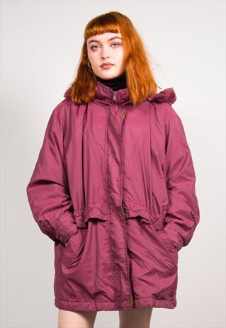 VINTAGE 90'S MAROON WINTER COAT PARKA WITH FAUX FUR HOOD