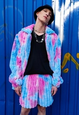 Tie-dye fleece shorts handmade gradient overalls pink blue