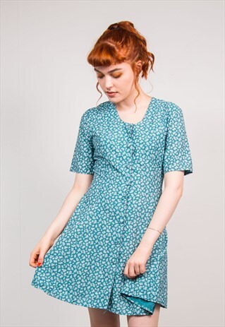 90'S VINTAGE BLUE FLORAL PATTERN CUTE SUMMER MINI DRESS