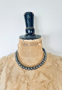 70's Vintage Ladies Necklace Grey Black Jet Beads Gold Chain
