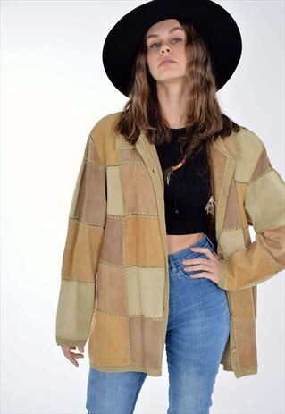 VINTAGE 90'S REAL SUEDE LEATHER CROCHET PATCHWORK JACKET