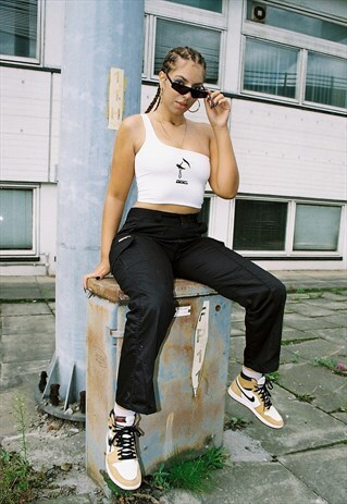 GDC BLACK EMBROIDERED WORKWEAR CARGO TROUSERS