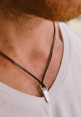 SAW NECKLACE FOR MEN SILVER CHARM BLACK STRING GIFT FOR MEN