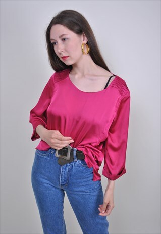 VINTAGE RED BRIGHT BLOUSE, 80S PULLOVER PARTY SHIRT