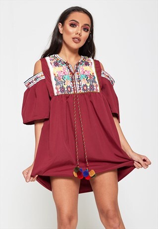 WINE EMBROIDERED COLD SHOULDER MINI DRESS
