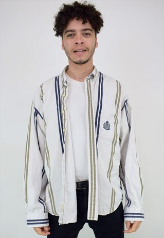 VINTAGE 90'S WHITE, BLUE & BROWN STRIPED GUESS SHIRT