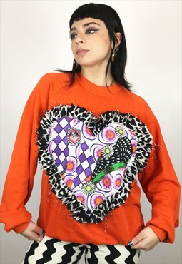 Upcycled Sweatshirt In Orange And Crazy Heart Patchwork