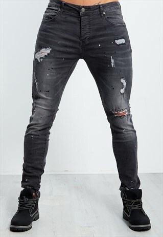 MENS CHARCOAL DISTRESSED DENIM PAINT SPLAT SKINNY JEANS