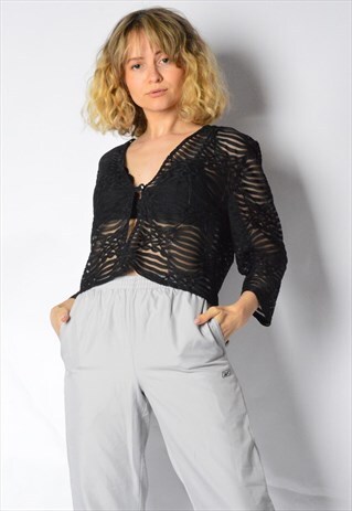 VINTAGE 90S BLACK SEE TROUGH 3/4 SLEEVE CROPPED TOP