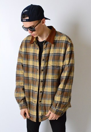 VINTAGE 90S CAMEL BROWN CHECK THICK LONG SLEEVE SHIRT