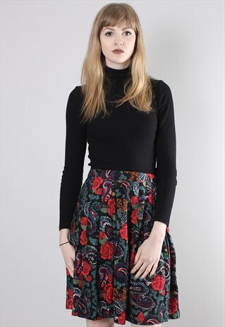 VINTAGE 80S BLACK PAISLEY PATTERNED PLEATED SKATER SKIRT