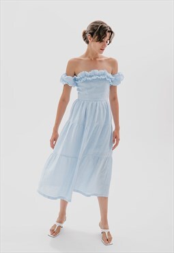 Linen blend slip midi dress women in blue