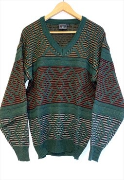 Vintage 80s Knit V-neck Jumper Sweater Large Boho Art