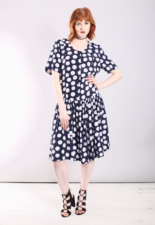 VINTAGE 80S POLKA DOT DROPPED WAIST BUTTON DRESS