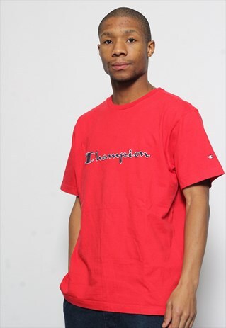 VINTAGE CHAMPION SPELL OUT LOGO T-SHIRT RED