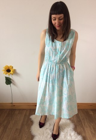 VINTAGE 80S BLUE ROSE FLORAL PATTERNED MIDI DRESS.