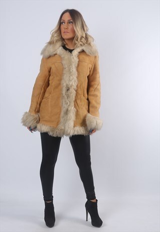 SHEEPSKIN SHEARLING SUEDE AFGHAN COAT JACKET UK 10 (FJ1V)