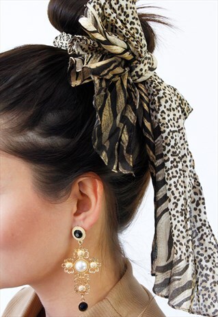 VINTAGE 90'S BLACK & BROWN MIXED ANIMAL PRINT SCARF