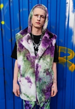 Tie-dye fleece gilet handmade sleeveless hood jacket purple