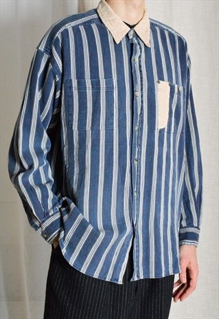 Y2K Blue Beige Striped Preppy Cotton Long Sleeve Mens Shirt