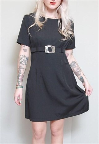 VINTAGE 1960'S BLACK BELTED MINI SHIFT DRESS