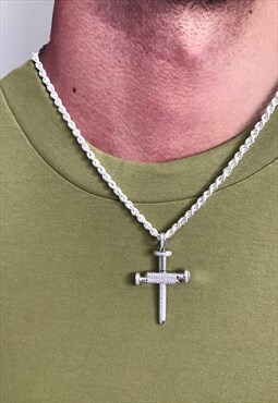  Sterling Silver Nail Cz Cross Pendant and 5mm Rope Chain 