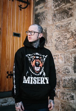 CODE 603 BARBED WIRE SLEEVE PRINT DOG GRAPHIC HOODIE