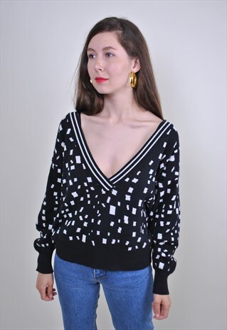 80S DEEP DECOLLETE ABSTRACT SWEATER, GRANDMO SWEATER
