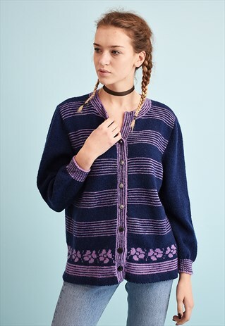90'S RETRO HANDKNIT MOMS STRIPED PATTERN CARDIGAN TOP